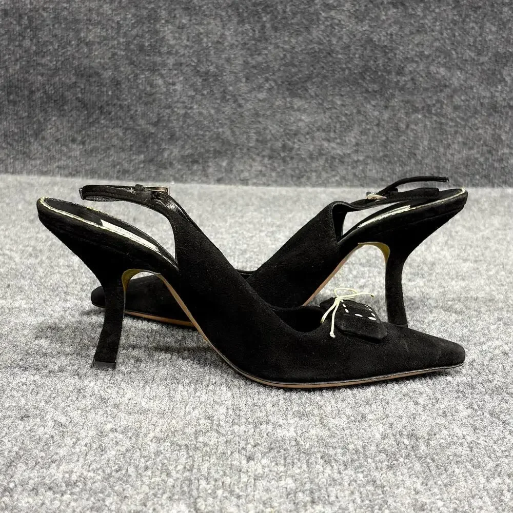 Prada Shoes Womens 5 Black Suede Slingback Bow Pointed Toe Heels Italy 35.5